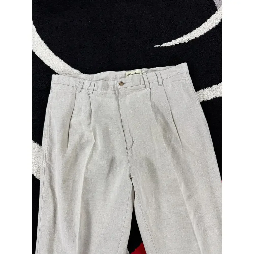 VINTAGE Eddie Bauer Pants Mens 40x30 Cream Linen Blend Beach Pleated Cuffed